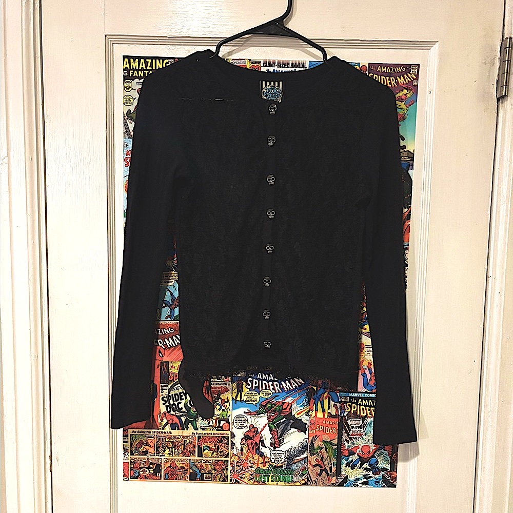 SOLD Too Fast Gothabilly Pinup Black Lace Front Cardigan with Skull Buttons